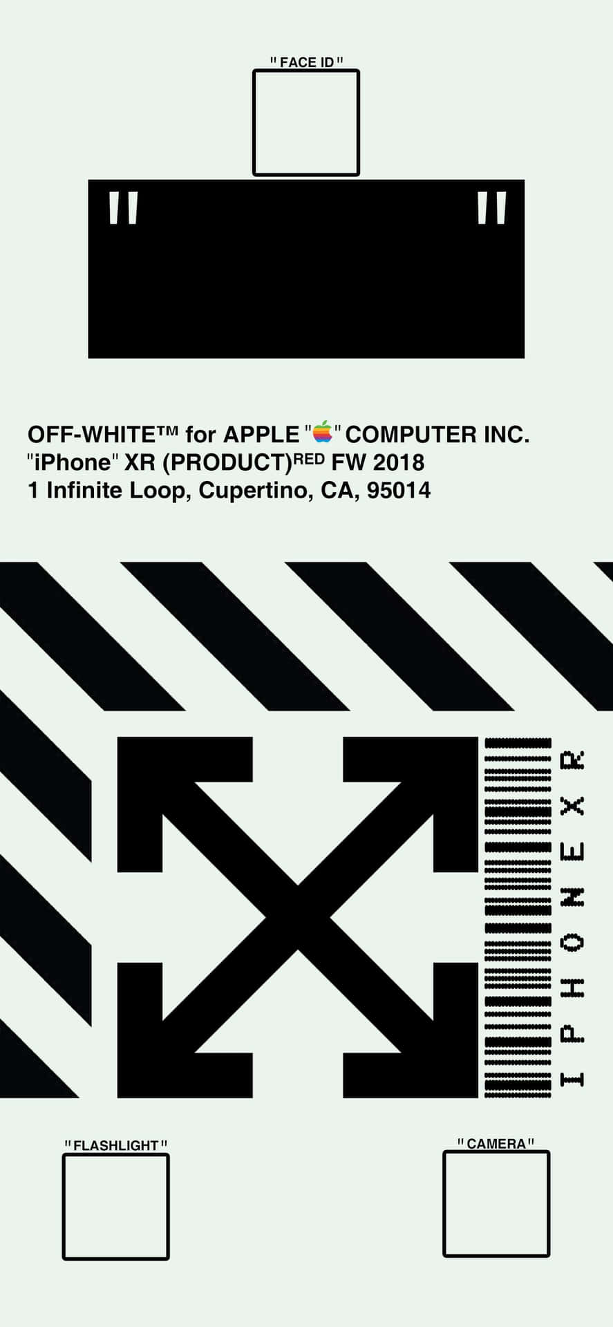 Off-White 品牌 iPhone XR 產品包裝盒圖形，帶有箭頭和條碼。
