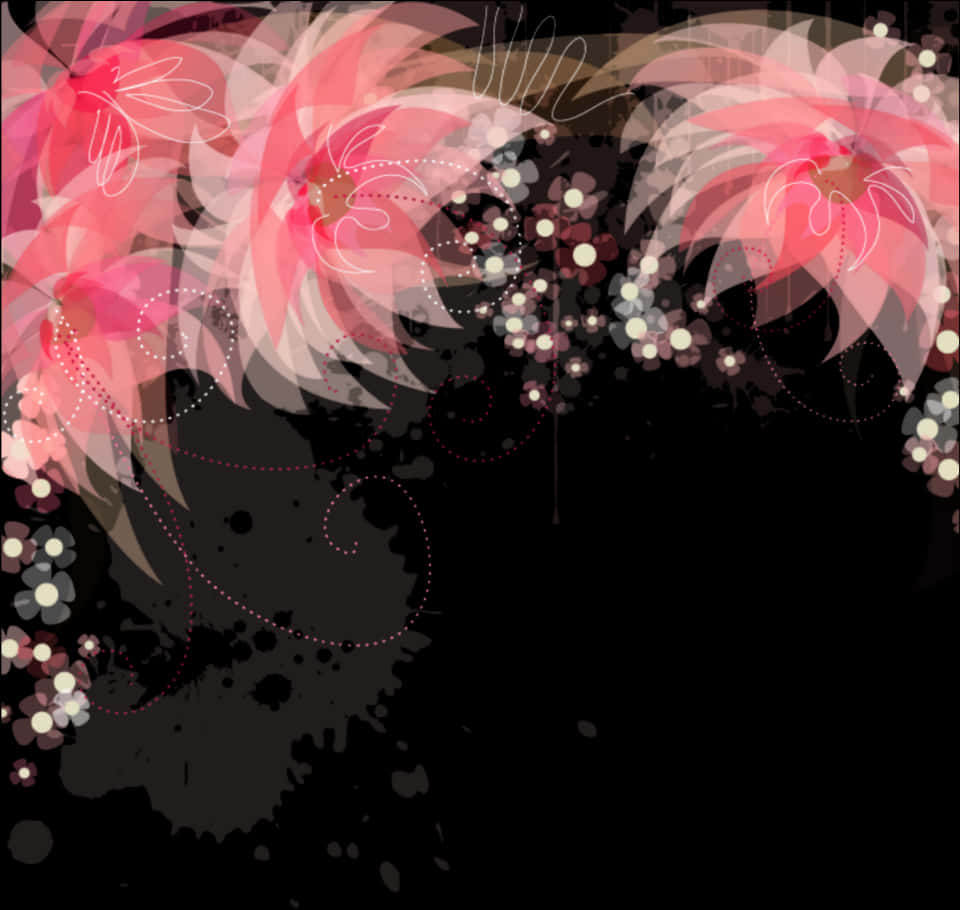 抽象粉紅花朵藝術 壁紙 — 充滿活力的粉紅色抽象花朵，帶有白色輪廓，在點狀漩渦和小花卉點綴的深色紋理背景上綻放。