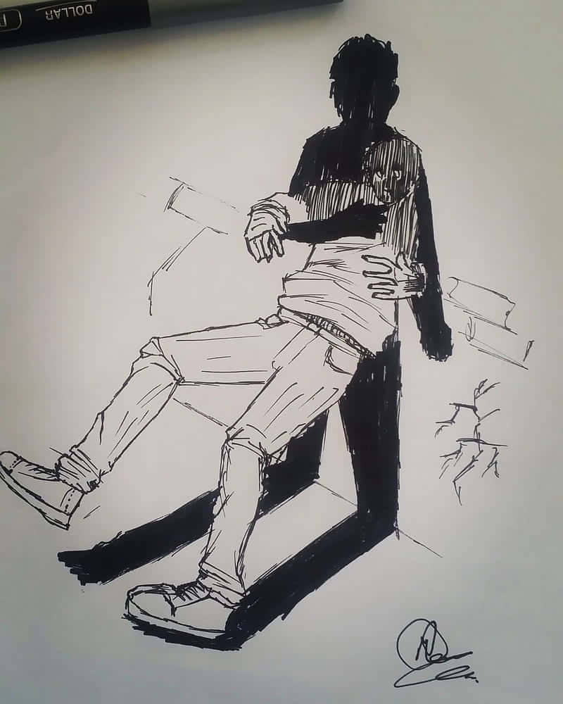 黑色墨水素描中一個人坐在椅子上，帶有鮮明的陰影。
