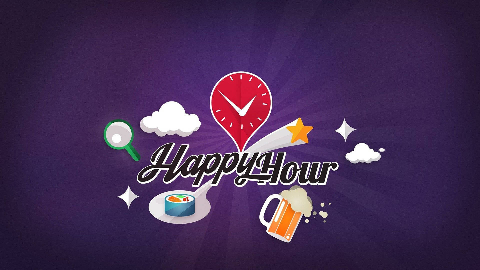 紫色背景上帶有時鐘心形、啤酒、壽司和雲朵的Happy Hour圖案。
