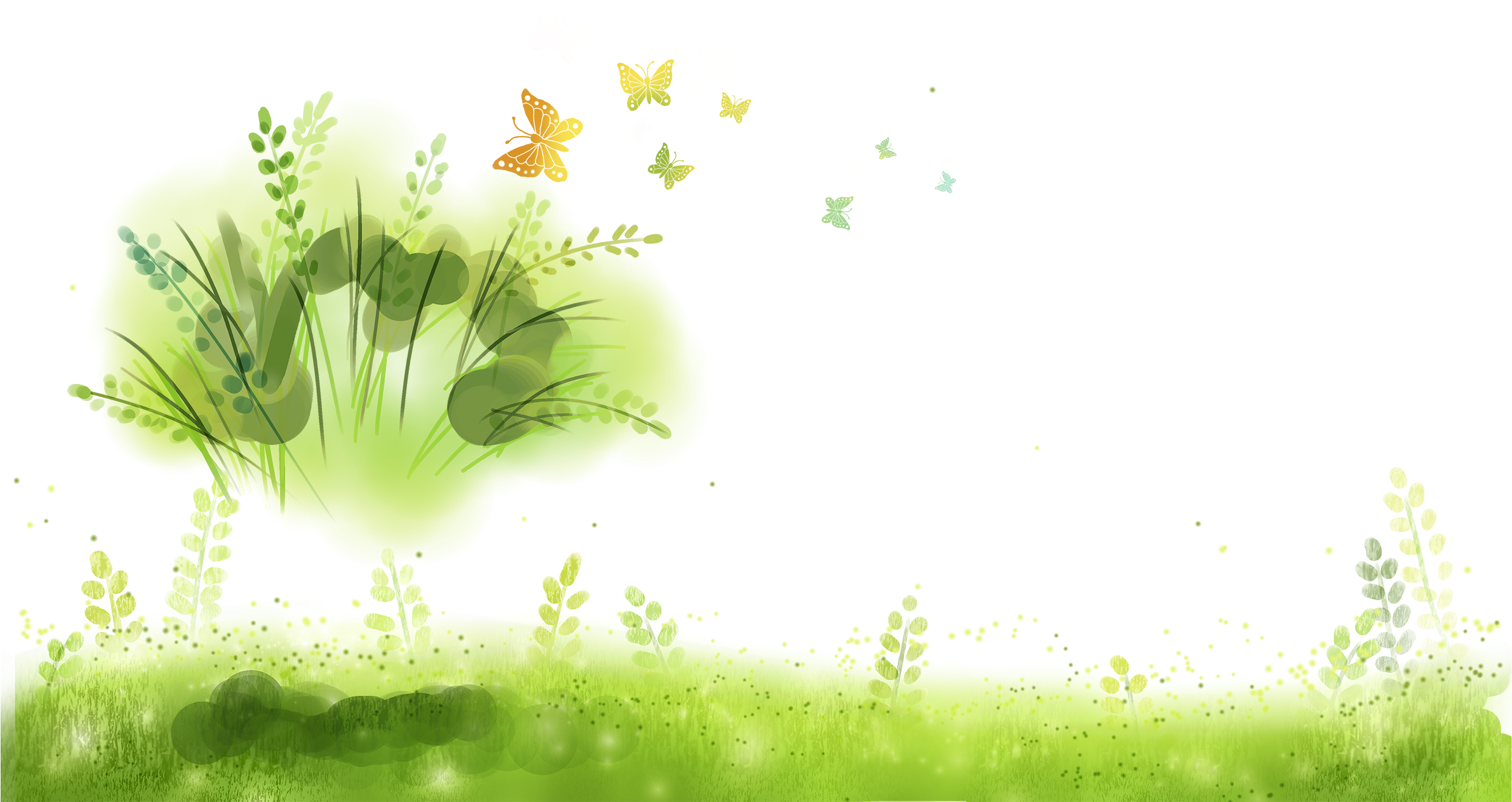 抽象綠色自然背景 壁紙 — 一棵充滿活力的綠色樹木，蝴蝶在純黑色背景上飛舞。