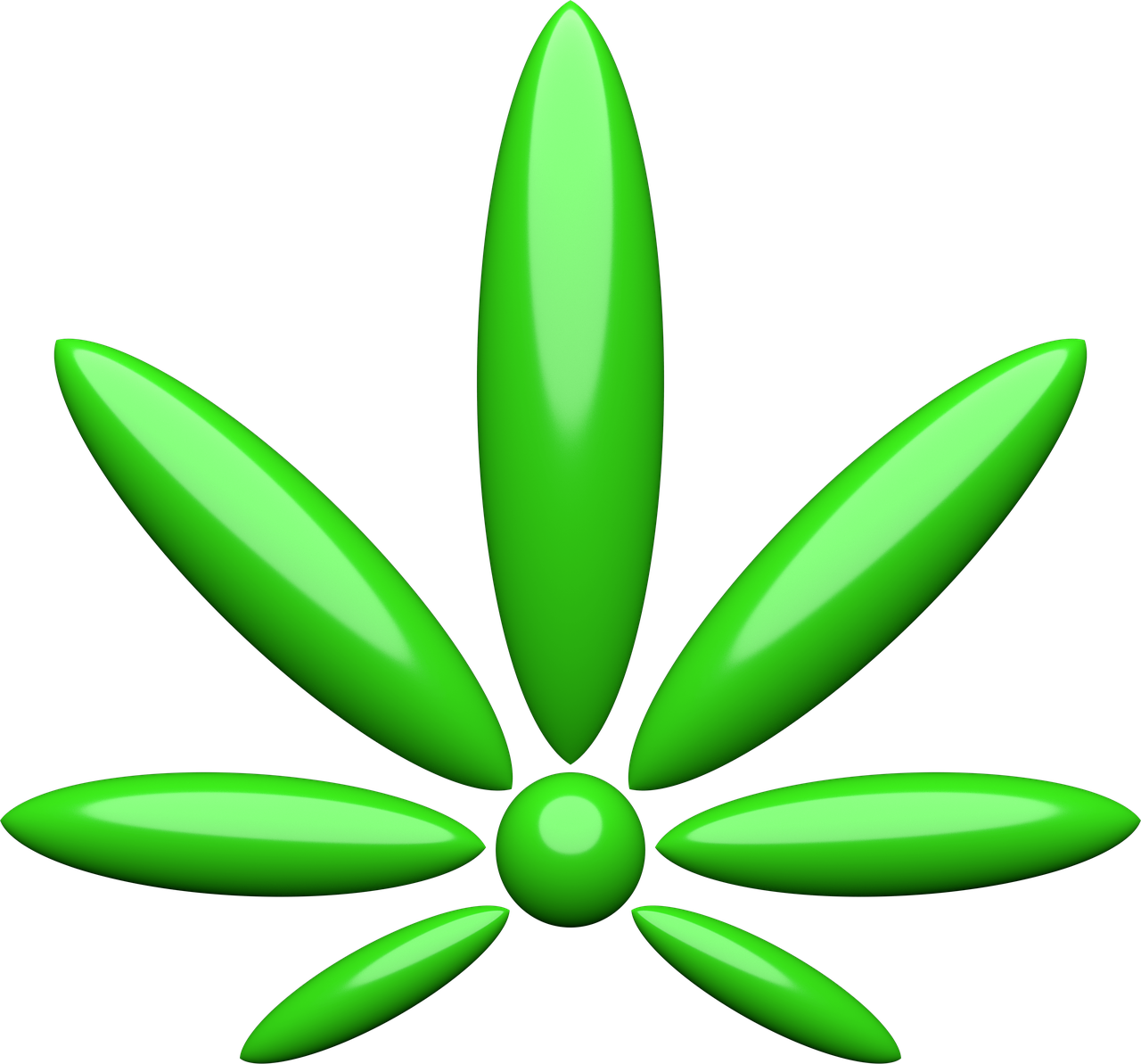 抽象綠葉設計 壁紙 — 一個帶有光澤的亮綠色大麻葉圖標，七片尖葉從中央花蕾向外輻射，背景為黑色。