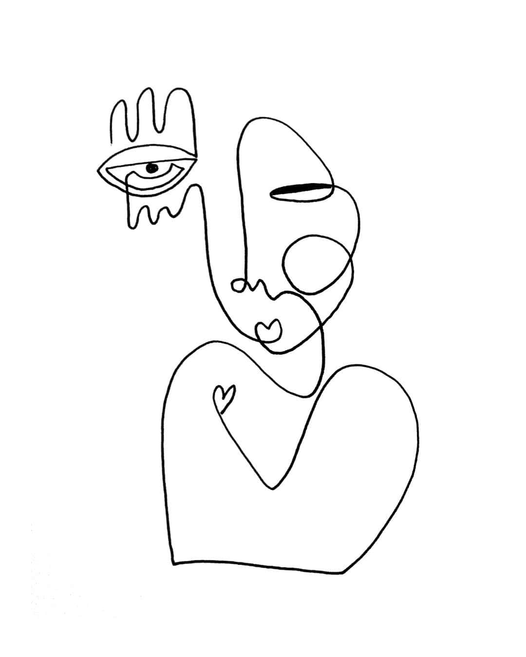 抽象極簡線條藝術，描繪一個人形，有一隻眼同心形圖案。