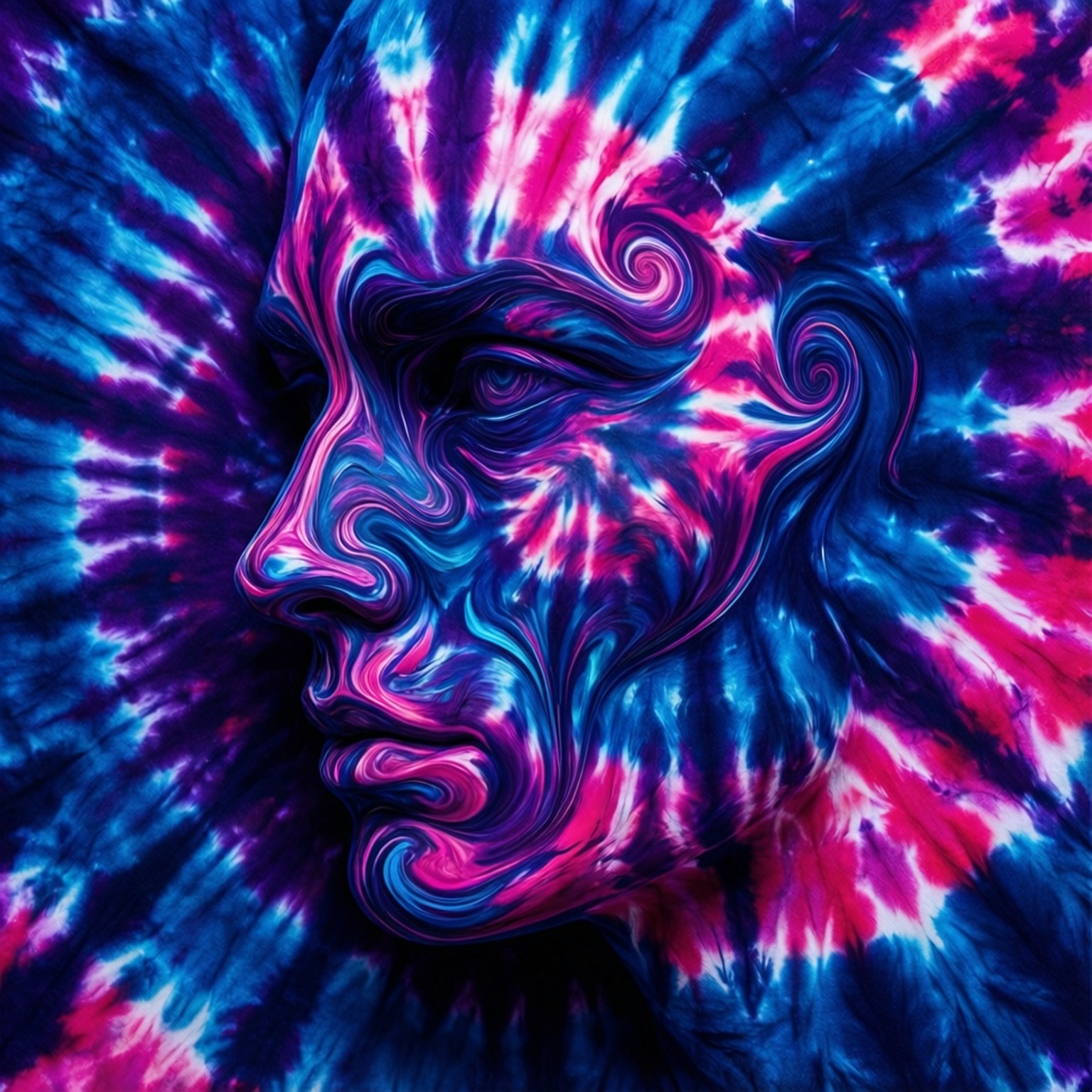 抽象繽紛扎染臉龐 壁紙 — 一張旋轉迷幻風格的人臉肖像，採用充滿活力的藍色、粉紅色和白色紮染圖案。