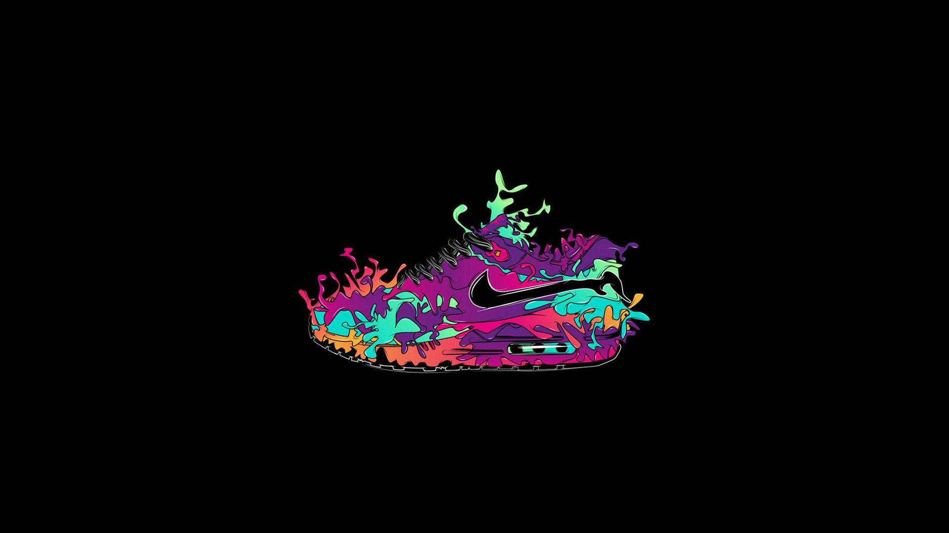 黑色背景上Nike運動鞋的霓虹顏料潑濺設計。