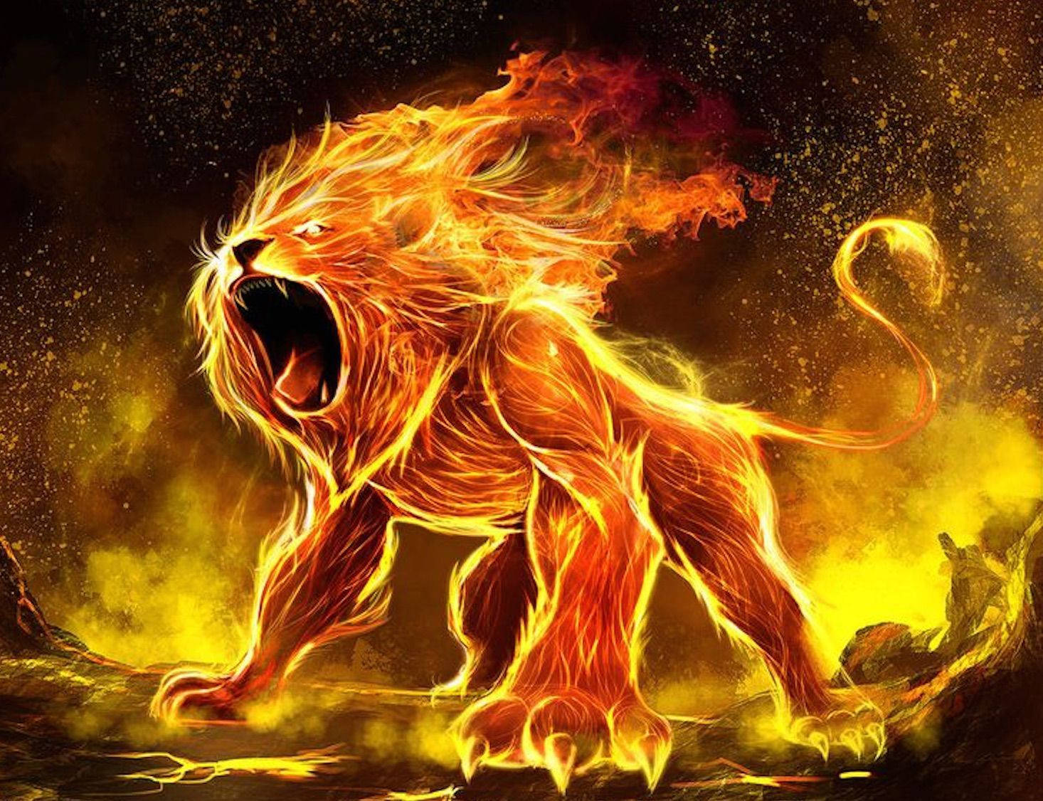 一頭火焰獅子在黑暗的宇宙背景下，發出熾熱橙色火焰的咆哮。