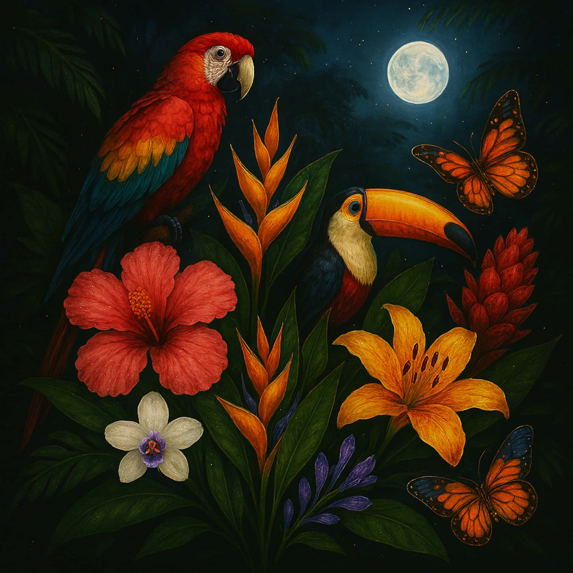 熱帶夜景，鸚鵡，巨嘴鳥，蝴蝶，滿月下的彩色花朵