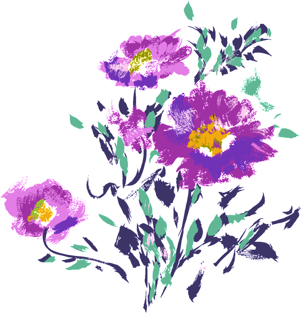 抽象菊花花卉藝術 壁紙 — 鮮豔的紫色花朵，帶有黃色花心和青綠色葉子，在純黑色背景上以風格化的數位插圖綻放。