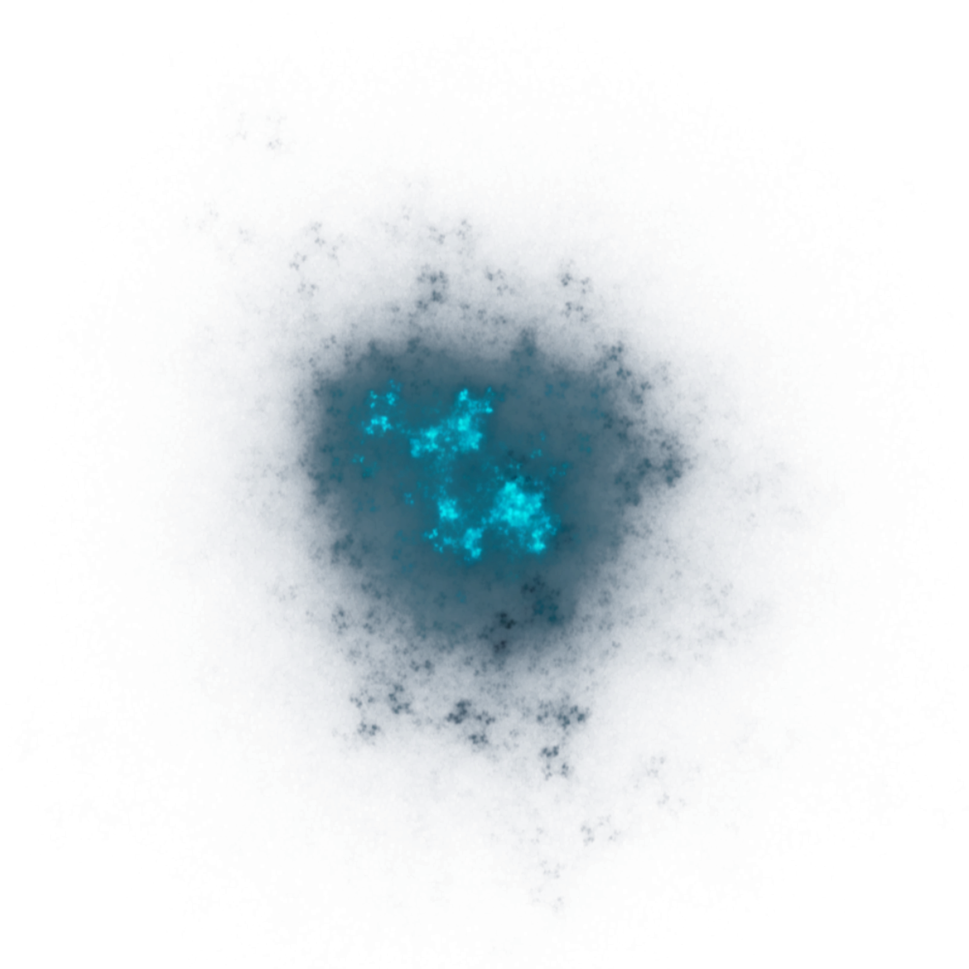 抽象藍煙紋理 壁紙 — 一個發光的青綠色星雲，帶有像素化邊緣，在黑色虛空中脈動，呈現數碼抽象場景。