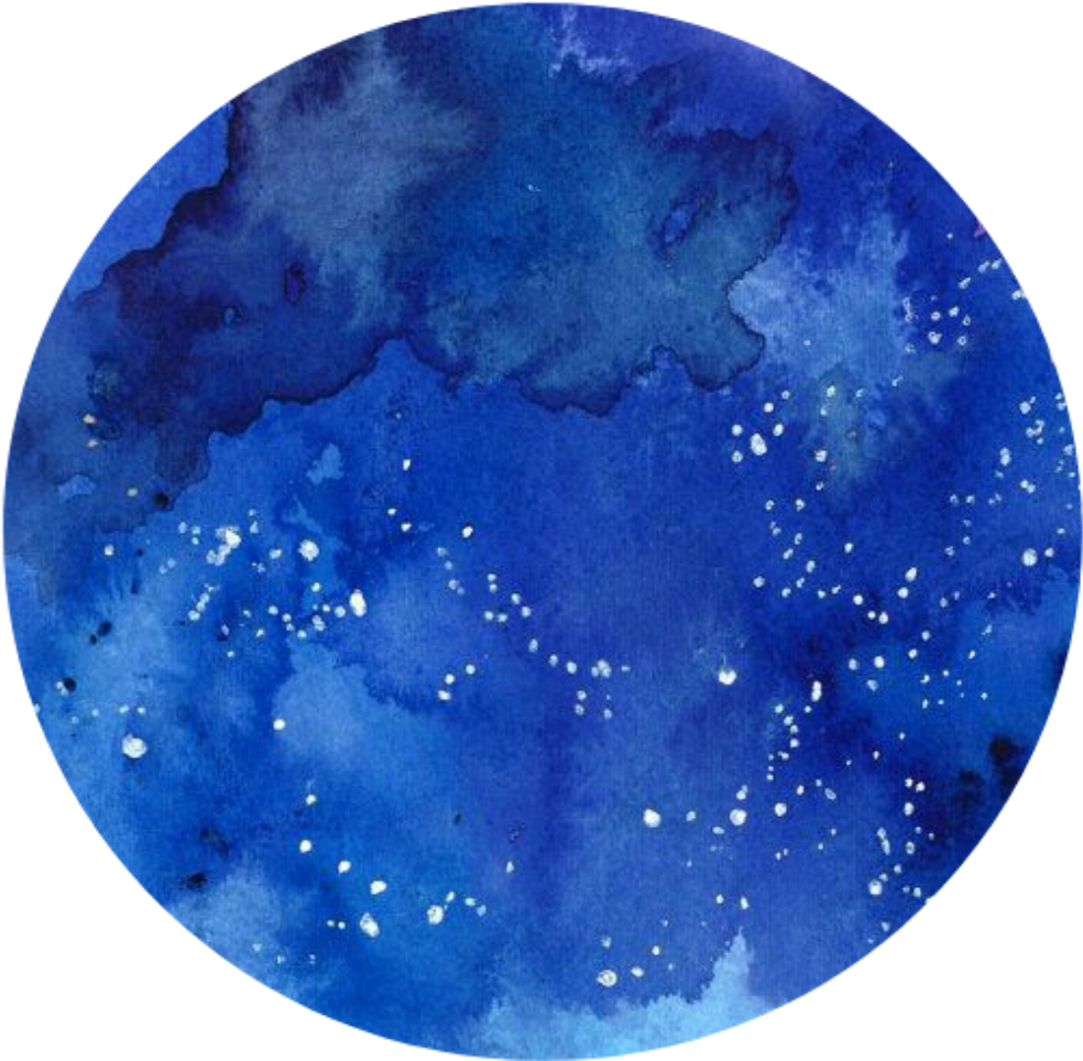 抽象藍色水彩圓形 壁紙 — 一幅圓形水彩畫，描繪了深藍色夜空，黑色背景上散落著白色星星。