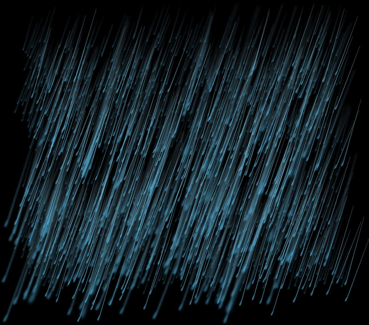 抽象藍色雨痕 壁紙 — 發光的藍色光線以對角線形式在純黑色背景上傾瀉而下，營造出動態的數位雨效果。