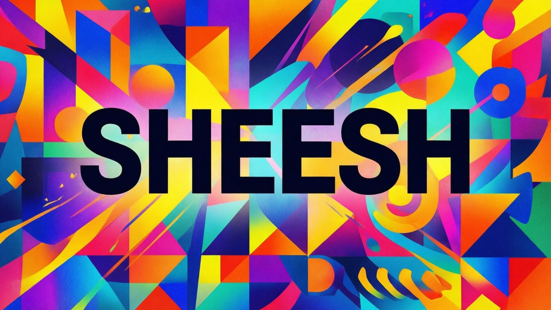 粗體黑色文字 SHEESH 在色彩繽紛的抽象幾何背景上