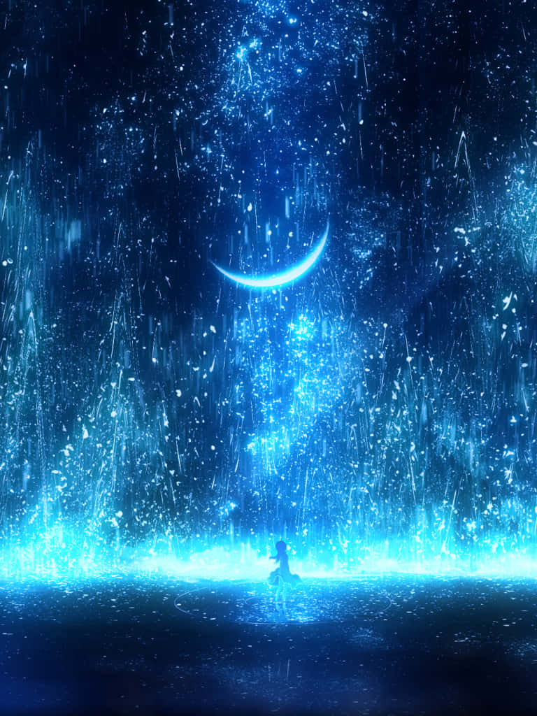 一個人坐在發光的月亮下，藍色魔法粒子像雨一樣落下。