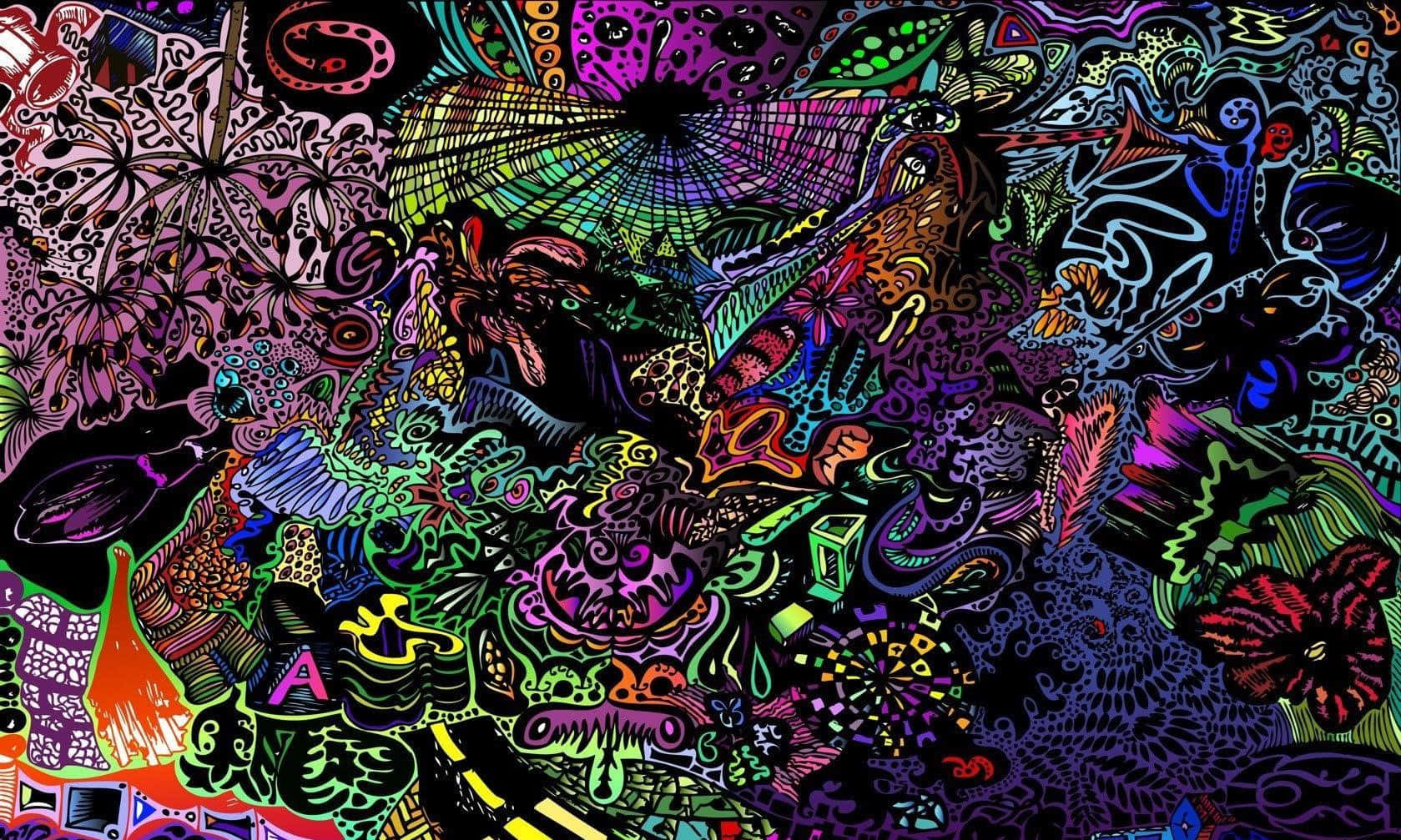 帶有漩渦圖案和霓虹色彩的鮮豔抽象塗鴉藝術。 — 迷幻暗黑風格 壁紙