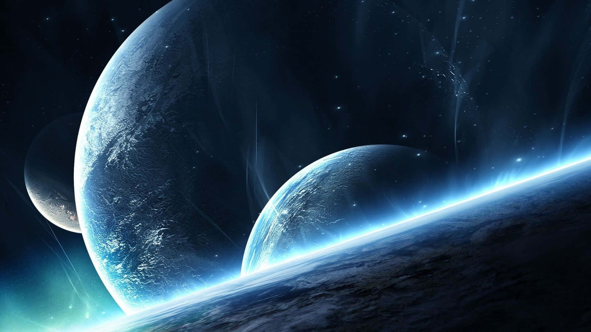 抽象螺旋全高清背景 壁紙 — 三個行星在繁星宇宙背景下散發藍色極光的壯麗景象。