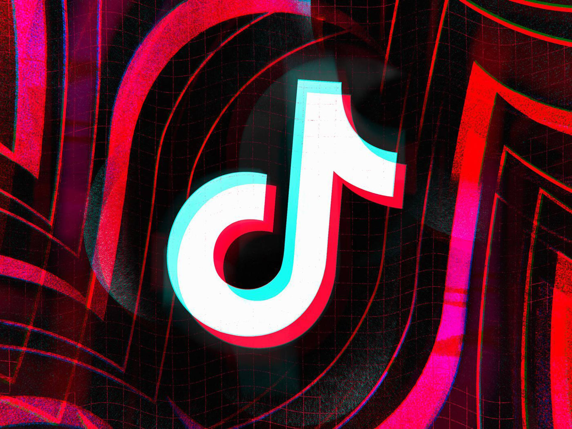 TikTok 標誌在黑暗網格背景上帶有霓虹紅和青色光芒。