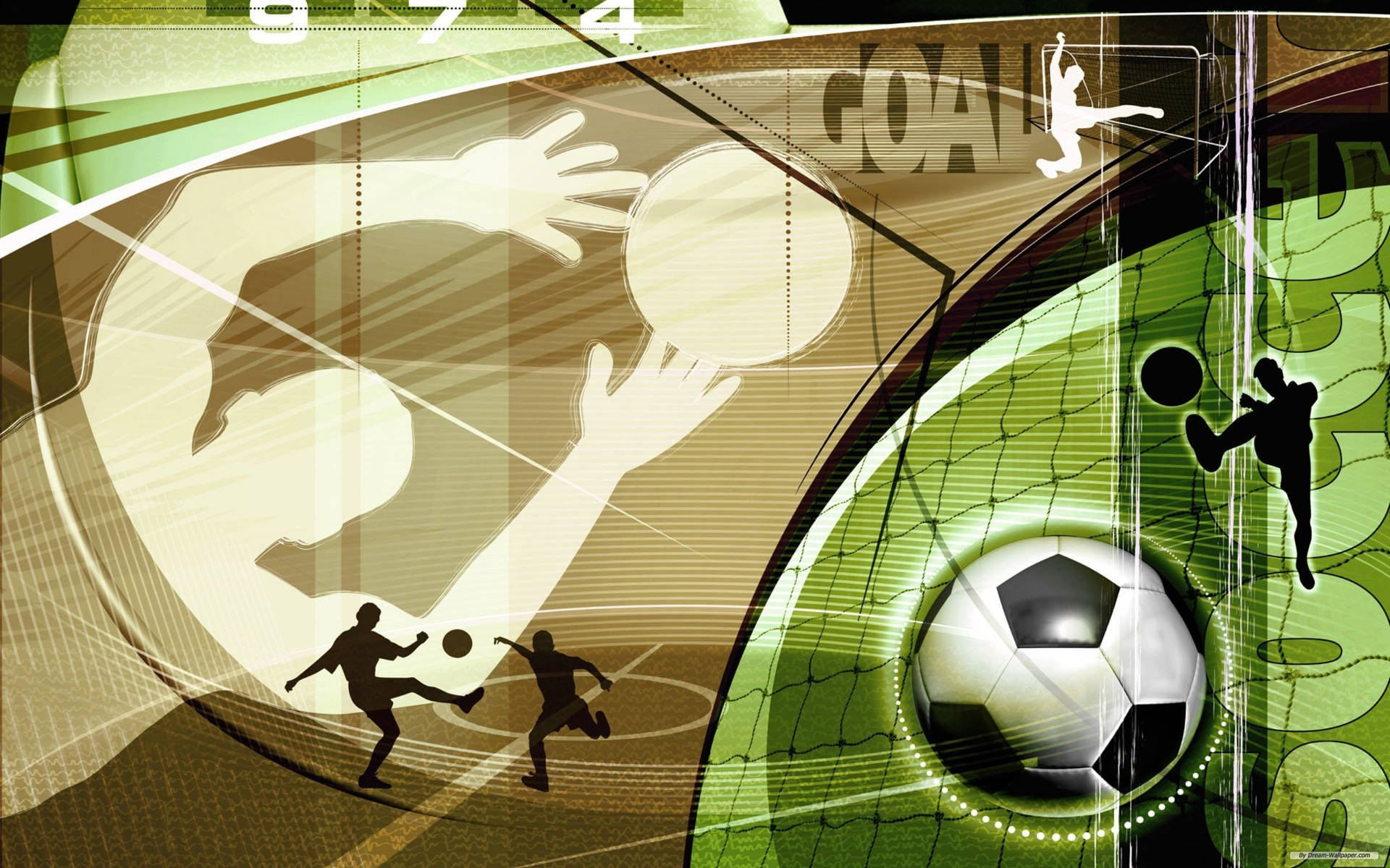 剪影足球員和足球，帶有風格化運動圖形中的「GOAL」文字。