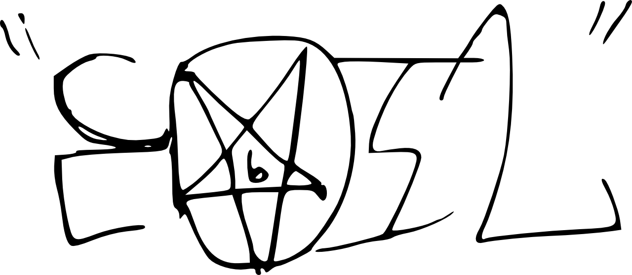 抽象邪惡符號素描 壁紙 — 手繪黑色墨水塗鴉風格單詞 'SOL'，O 字內有一個五角星，白色背景。