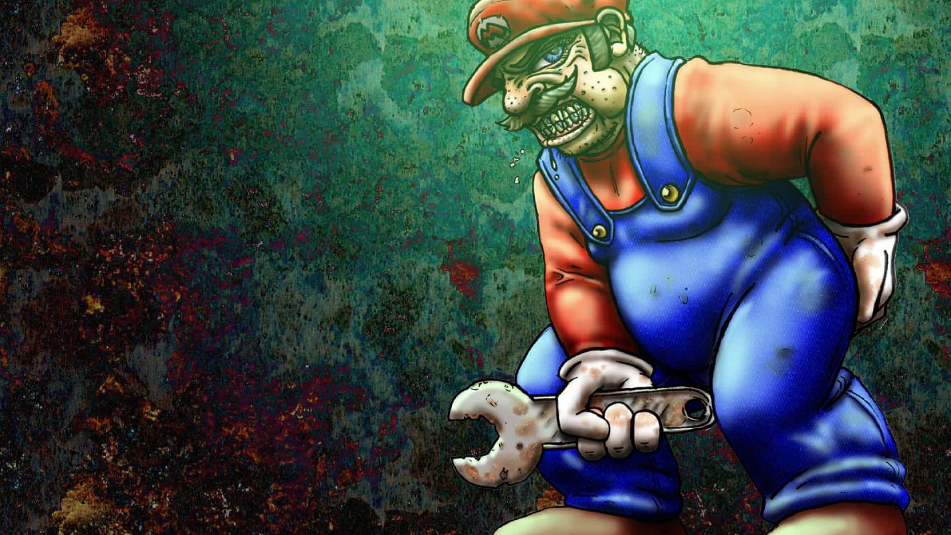 殭屍瑪利歐在骯髒的背景下拿著生鏽的扳手。