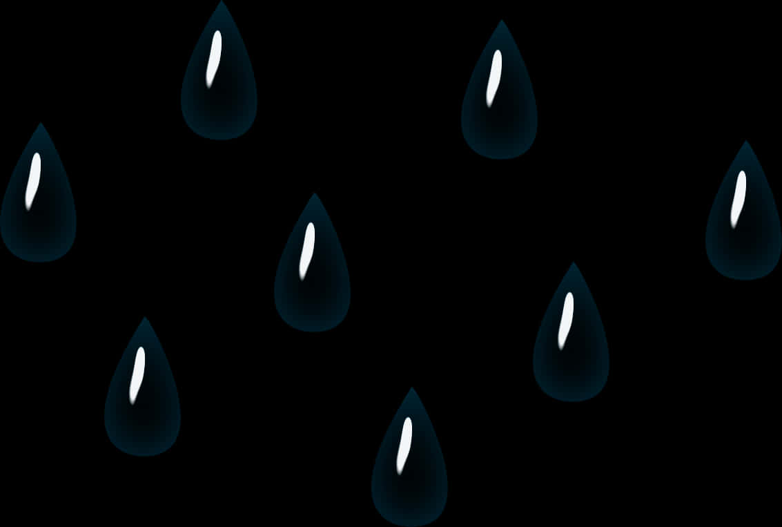 抽象雨滴圖案 壁紙 — 閃亮的深藍色雨滴落在純黑色背景上，帶有明亮的白色高光。
