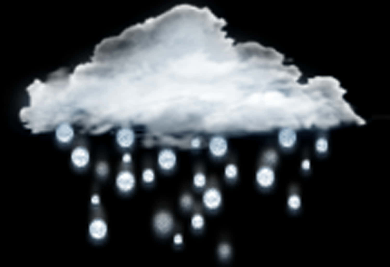 抽象雨雲 壁紙 — 一團發光的白色雲朵在漆黑的背景上降下發光的球體。
