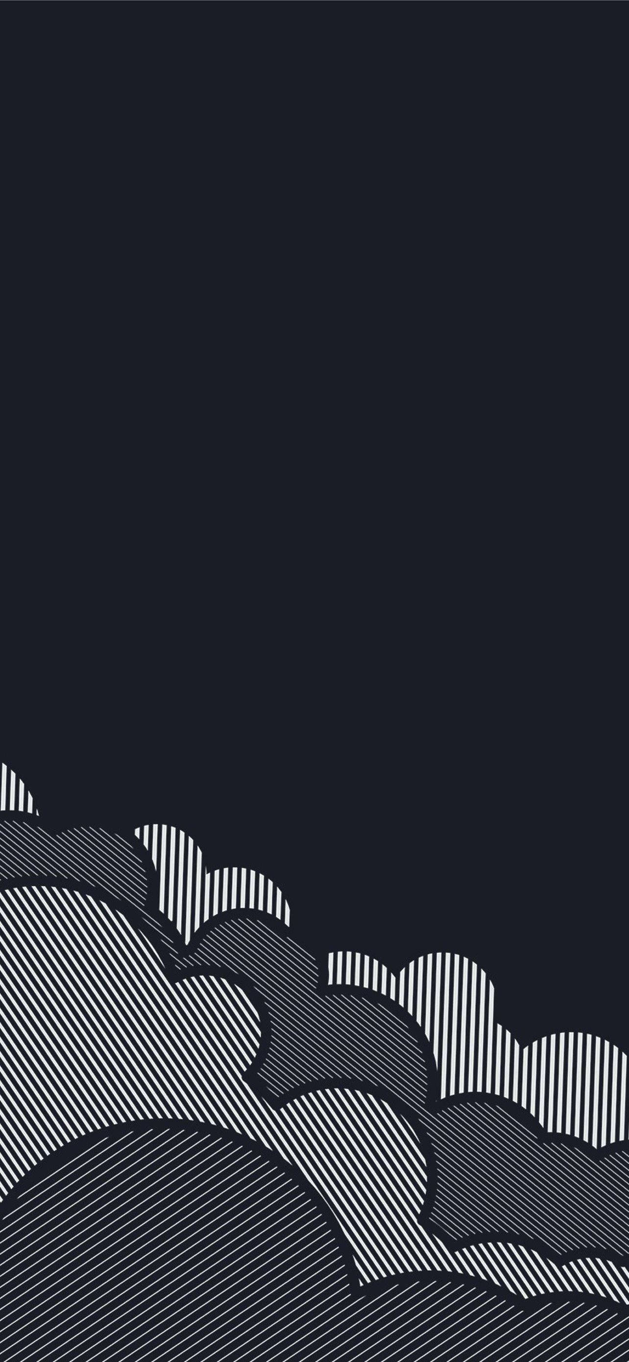 抽象雲朵極簡暗黑 iPhone 壁紙 — 抽象黑白波浪圖案，底部有對角線條紋，背景深色。