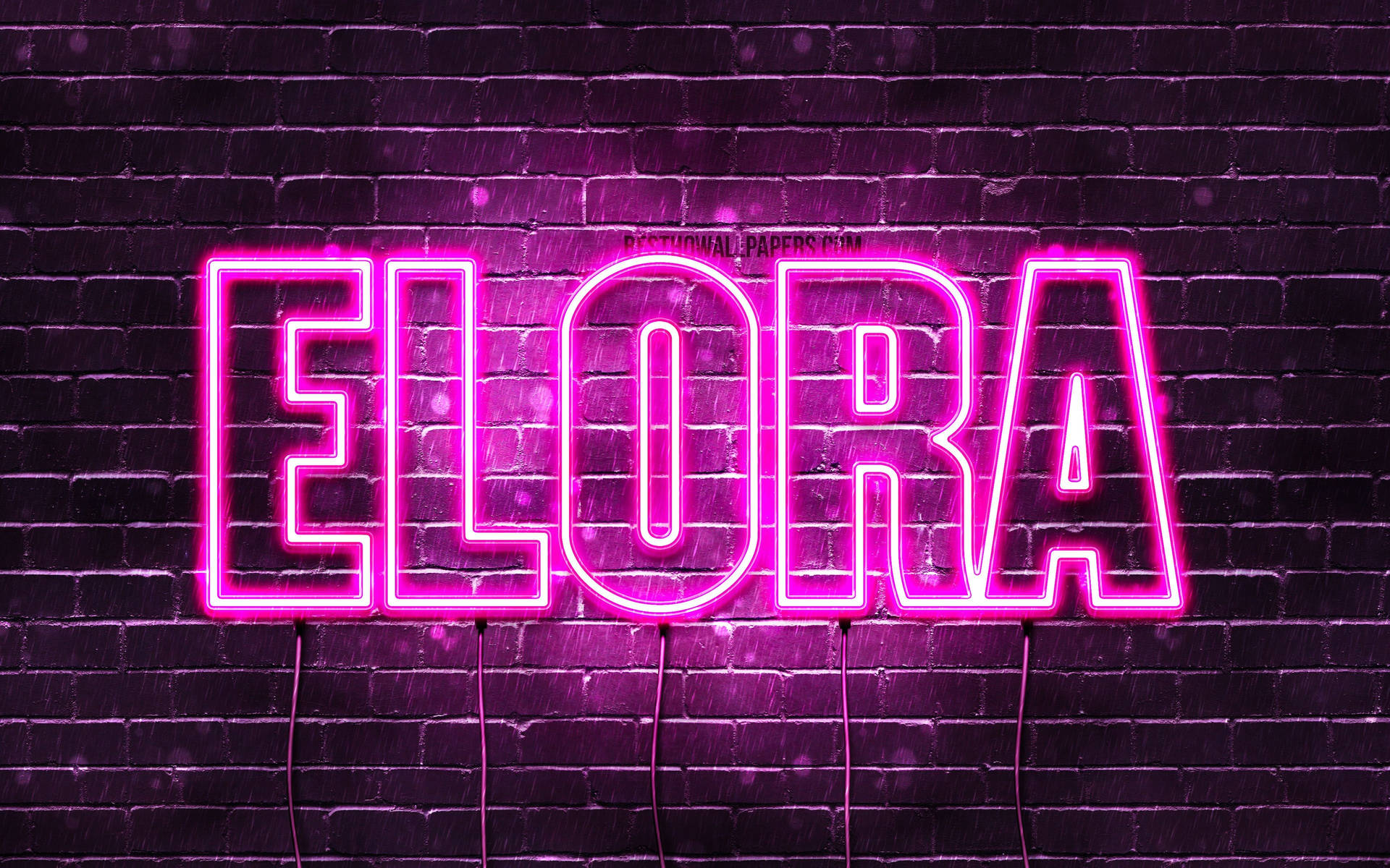 夜間潮濕的磚牆上，一個粉紅色霓虹燈牌寫著ELORA。