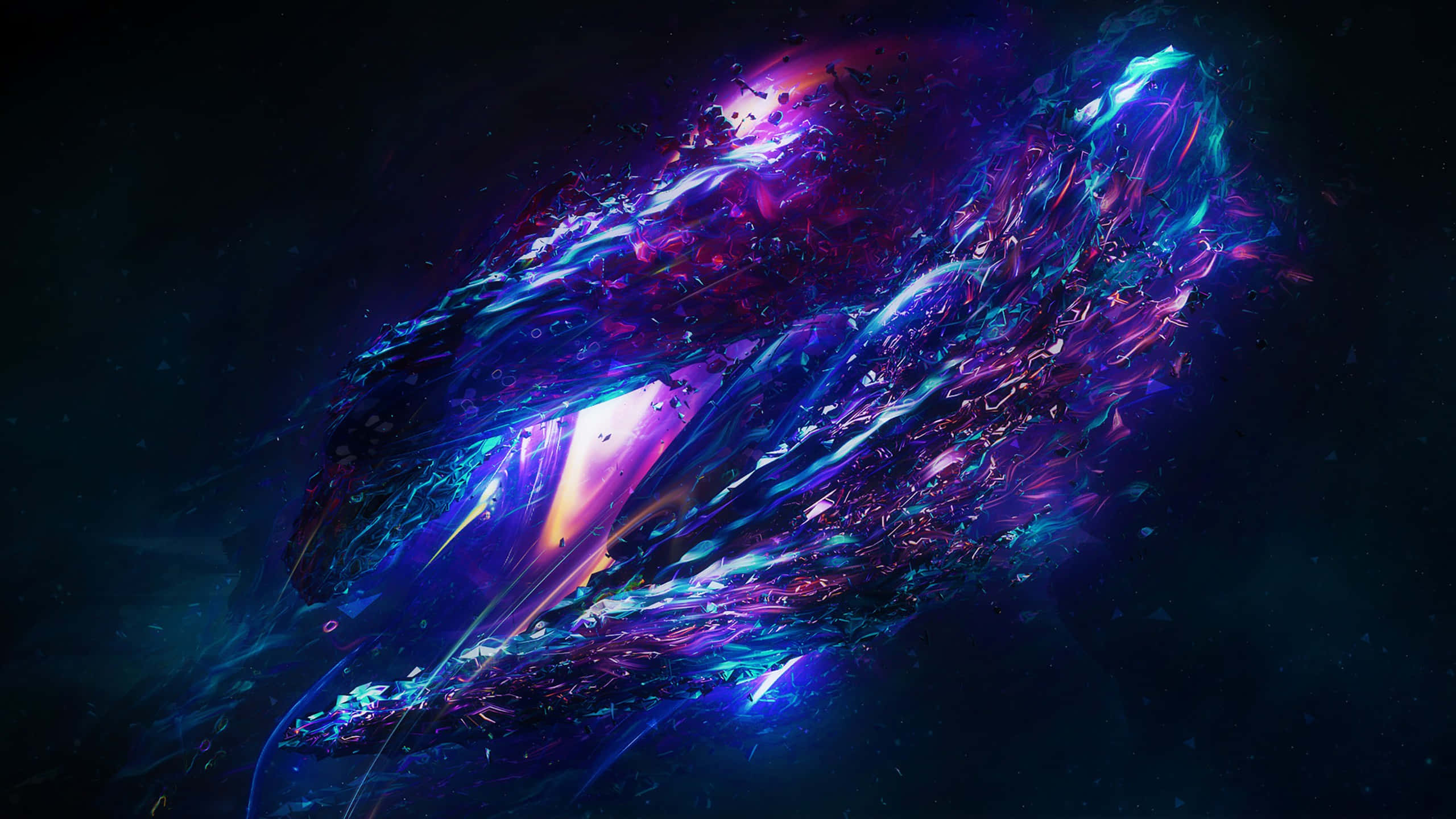 抽象霓虹色塊與色彩 壁紙 — 一個宇宙星雲在繁星點點的虛空中旋轉，呈現出電光藍、紫和粉紅色，是一幅充滿活力的數碼藝術作品。