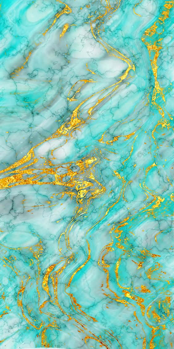 帶有流動漩渦的抽象綠松石和金色大理石圖案。