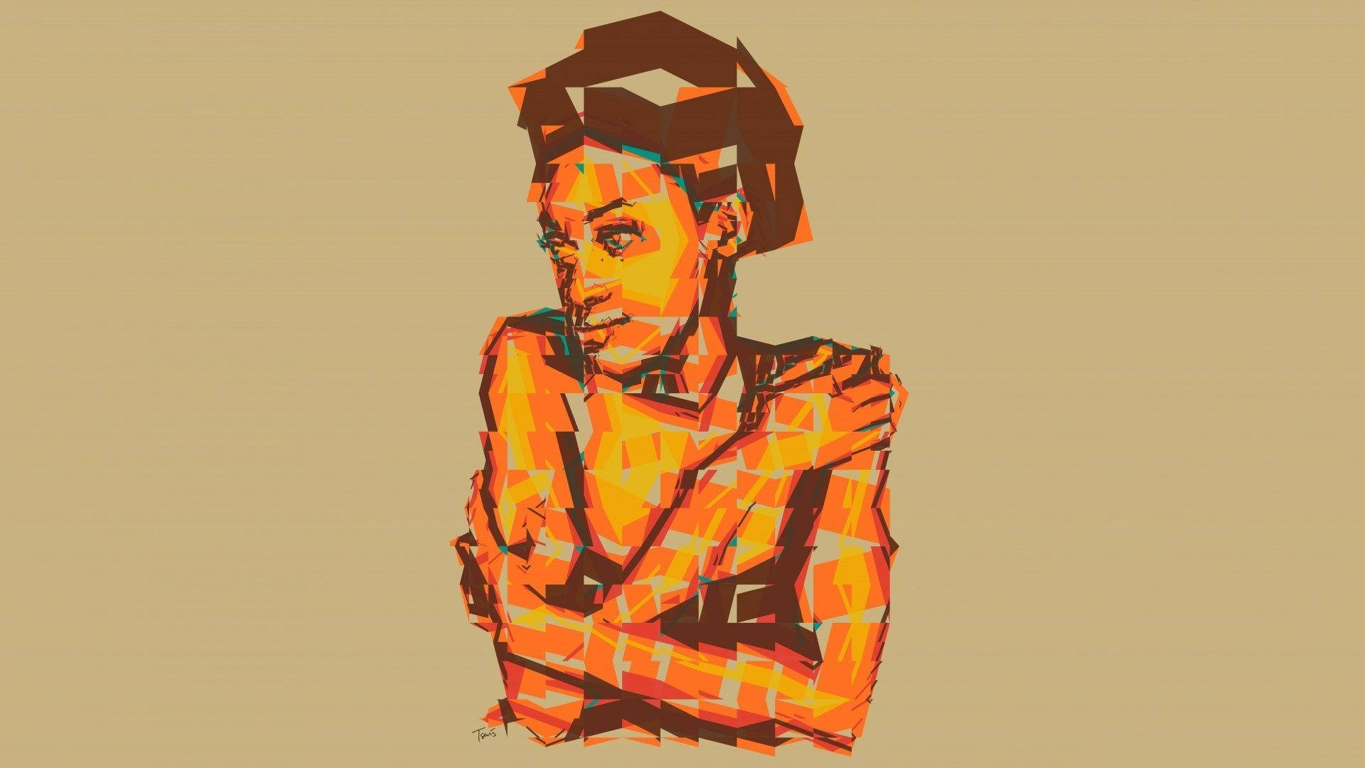 抽象非洲女孩藝術 壁紙 — 一個風格化的數碼肖像，描繪一位交叉雙臂的人物，以大膽的幾何形狀和溫暖的橙色色調呈現在米色背景上。