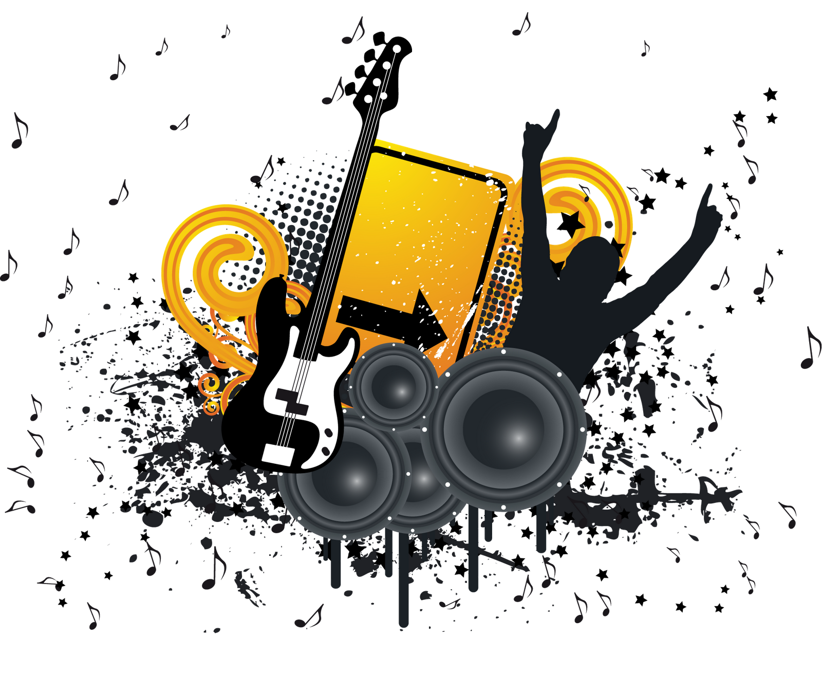 抽象音樂爆炸圖 壁紙 — 一個動態圖形設計，以低音結他、揚聲器、火焰和音符從金色唱片中爆發出來，背景為黑色。