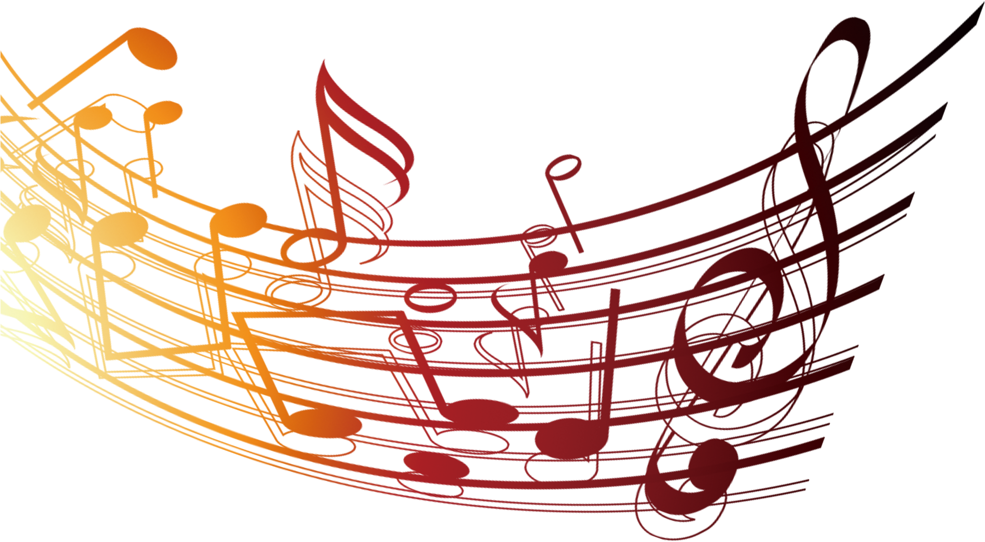 抽象音樂符號背景 壁紙 — 充滿活力的漸變音符以對角線方式流過黑色背景，呈現火熱的橙色和紅色色調。