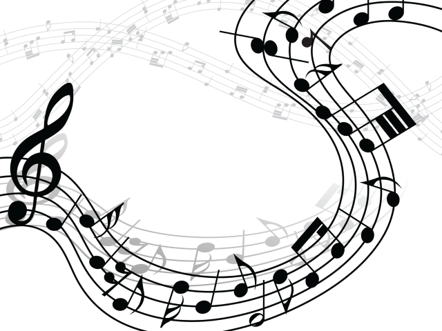 抽象音樂符號背景 壁紙 — 白色音符和五線譜在純黑色背景上動態地旋轉，形成流動的抽象構圖。