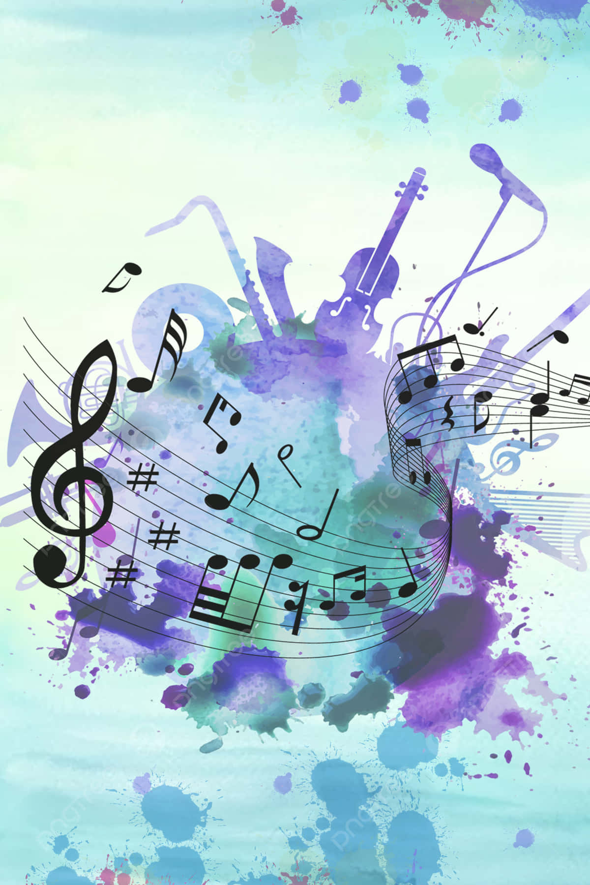 抽象音樂符號背景 壁紙 — 紫色和藍綠色的鮮豔水彩潑濺，與音符、樂器和五線譜一起迸發，創造出充滿活力的藝術構圖。