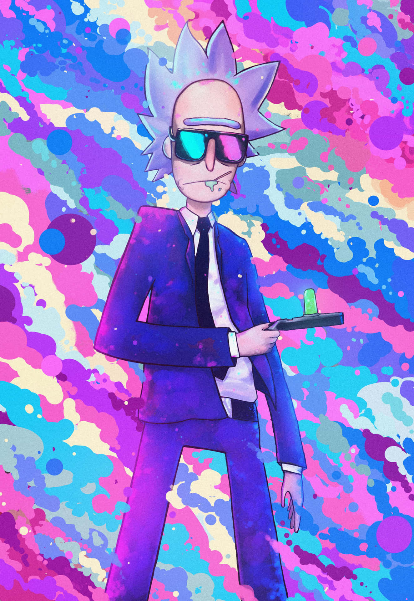 Rick Sanchez 身穿紫色西裝，在色彩繽紛的潑濺背景前手持槍支。
