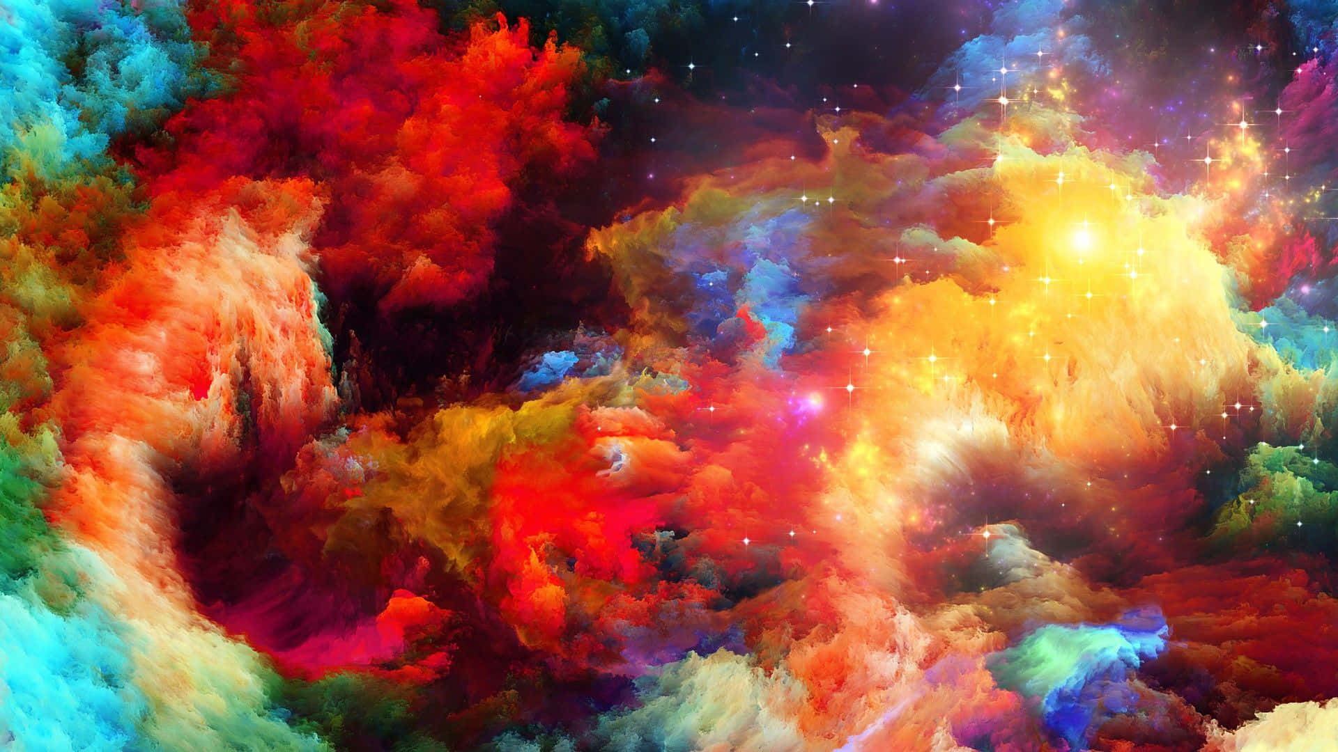 抽象鮮豔超級AMOLED 壁紙 — 充滿活力的宇宙星雲在繁星點點的夜空中以火紅、金色和電光藍色旋轉。