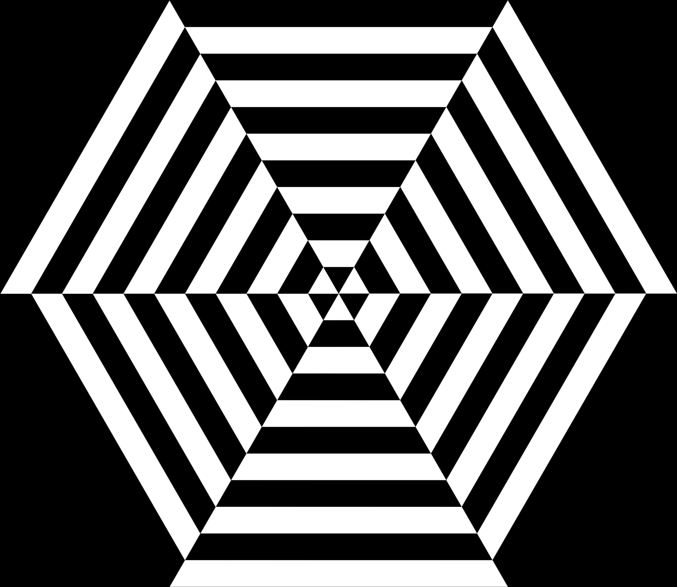 抽象黑白六邊形圖案 壁紙 — 一個由嵌套三角形組成的催眠黑白幾何圖案，營造出隧道錯覺。