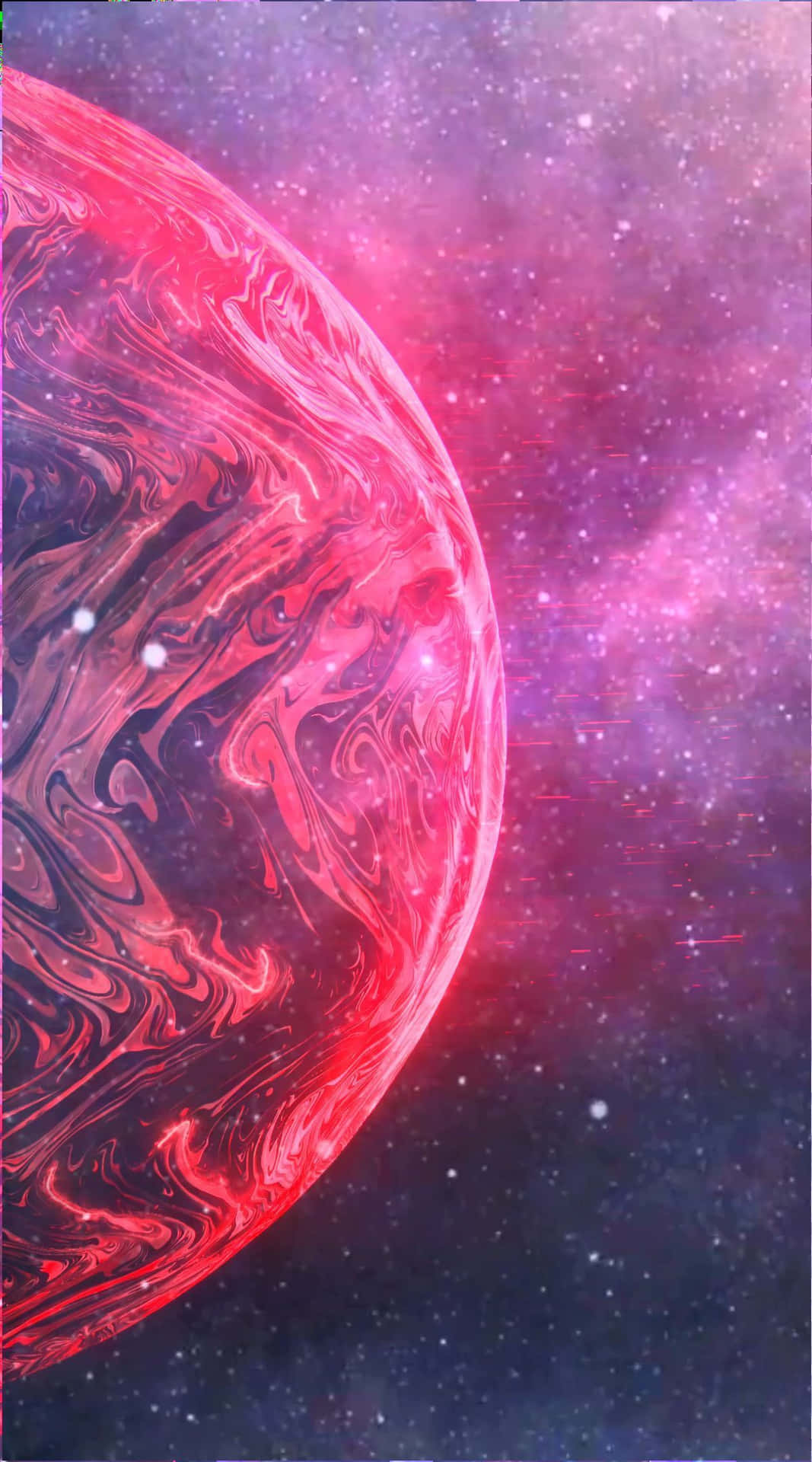 一顆紅色行星，在色彩繽紛的星空太空背景上帶有旋轉圖案。