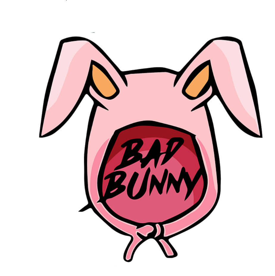 粉紅色卡通兔仔頭，有橙色耳朵，嘴巴有「BAD BUNNY」文字。