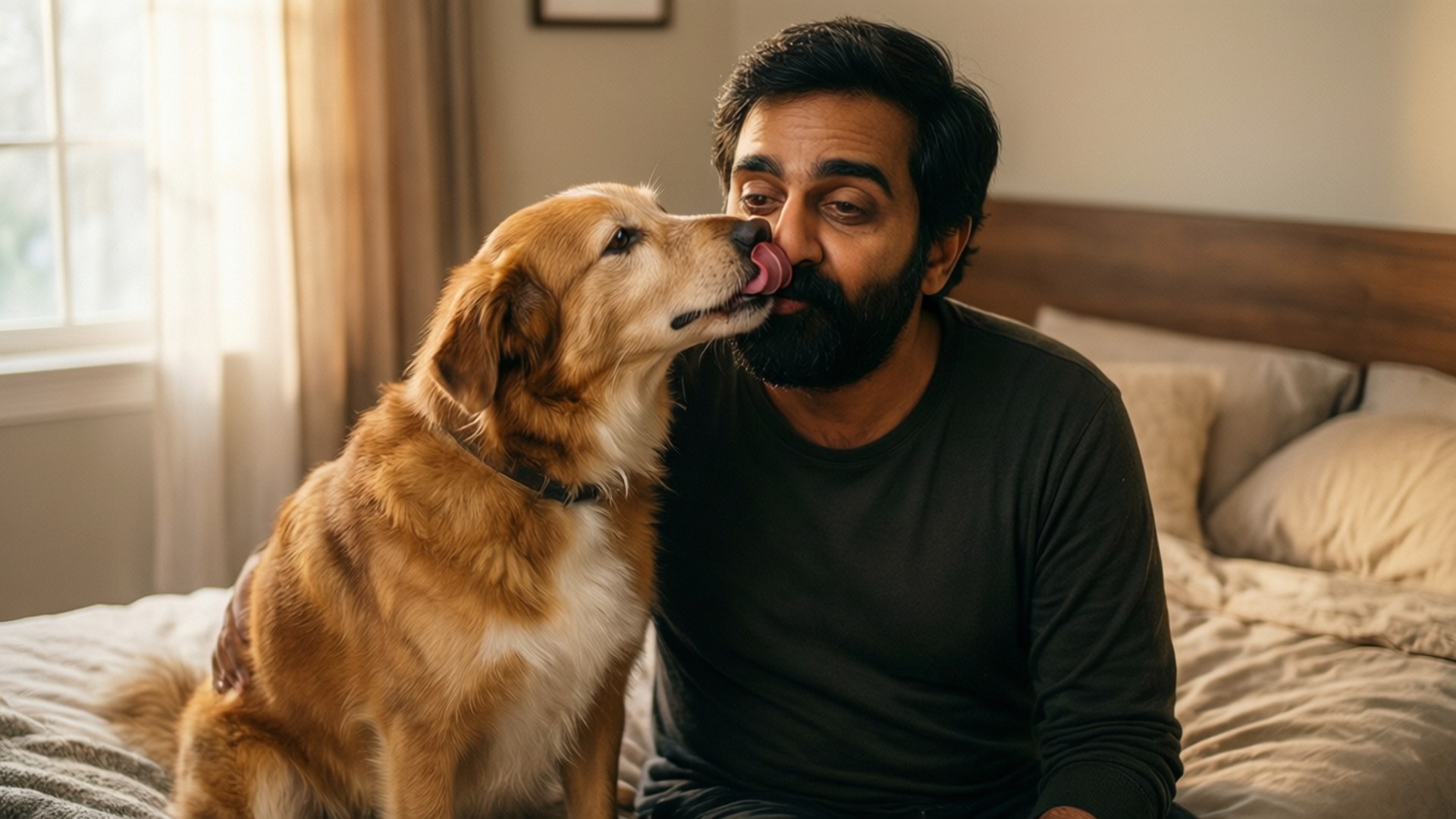拉傑與他的愛犬辛納蒙 壁紙 — 一隻金毛尋回犬在柔和光線的臥室中坐在床上，輕輕舔舐一位鬍鬚男的鼻子。