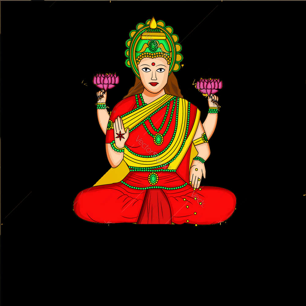 拉克希米女神插畫 壁紙 — 一個色彩鮮豔的插圖神祇，有四隻手臂，盤腿打坐，手持粉紅色蓮花，背景為黑色。