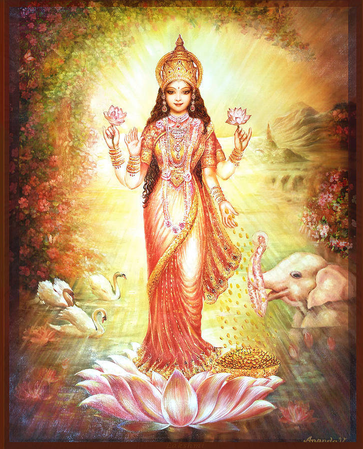 女神站在蓮花上，與天鵝和大象在神聖的花園中。
