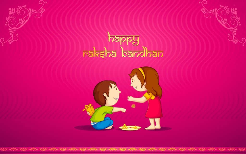 快樂的 Raksha Bandhan 卡通兒童在節日粉紅色背景下分享糖果。