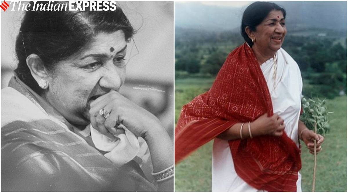 拉塔·曼吉什卡農場合照 壁紙 — 分割圖片顯示Lata Mangeshkar的黑白特寫和彩色照片，在戶外手持樹苗。