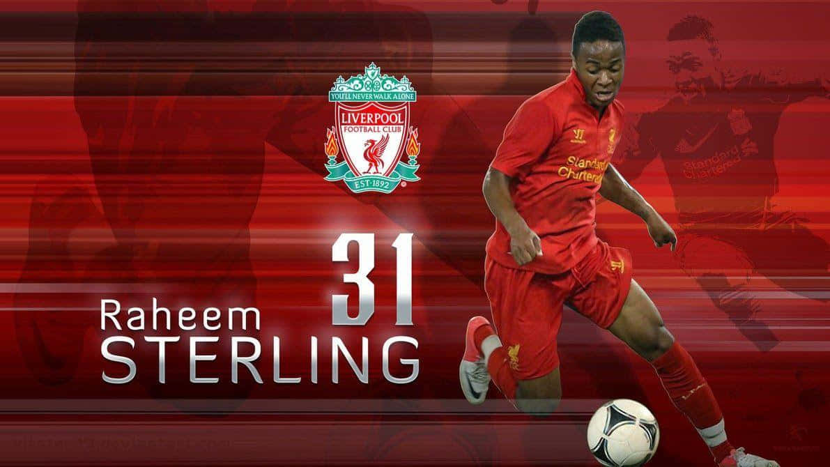 Sterling 桌布 壁紙 — 拉希姆·斯特林身穿利物浦FC紅色球衣，在動態紅色背景上盤帶足球，背景有球隊徽章和31號。