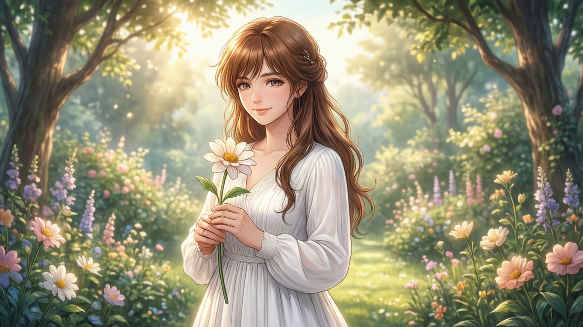 拉庫斯的園林寧靜 壁紙 — 一位身穿白色連衣裙的寧靜動漫女孩在陽光明媚、開滿五顏六色野花的花園裡拿著一朵雛菊。