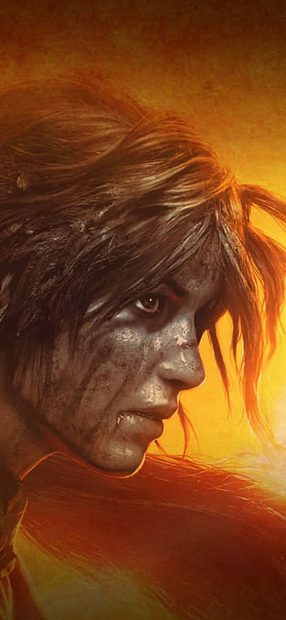 拉拉·克羅夫特 PC 版 壁紙 — 特寫一個疲憊戰士的臉，帶有污垢和血痕，在溫暖的金色光線下。