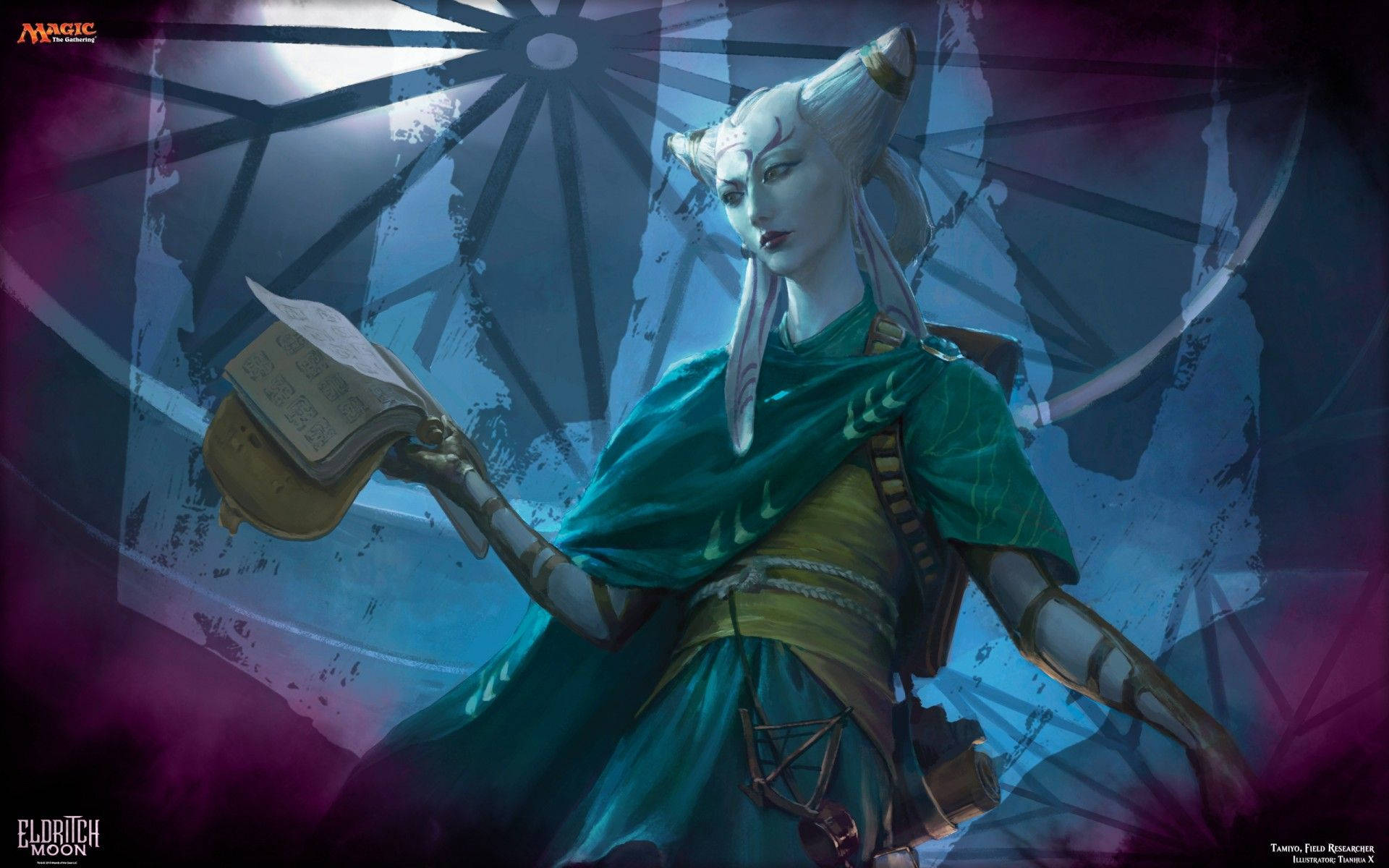 一個精靈在神秘奇幻場景中，在燦爛的太陽光輝下拿著一本書。