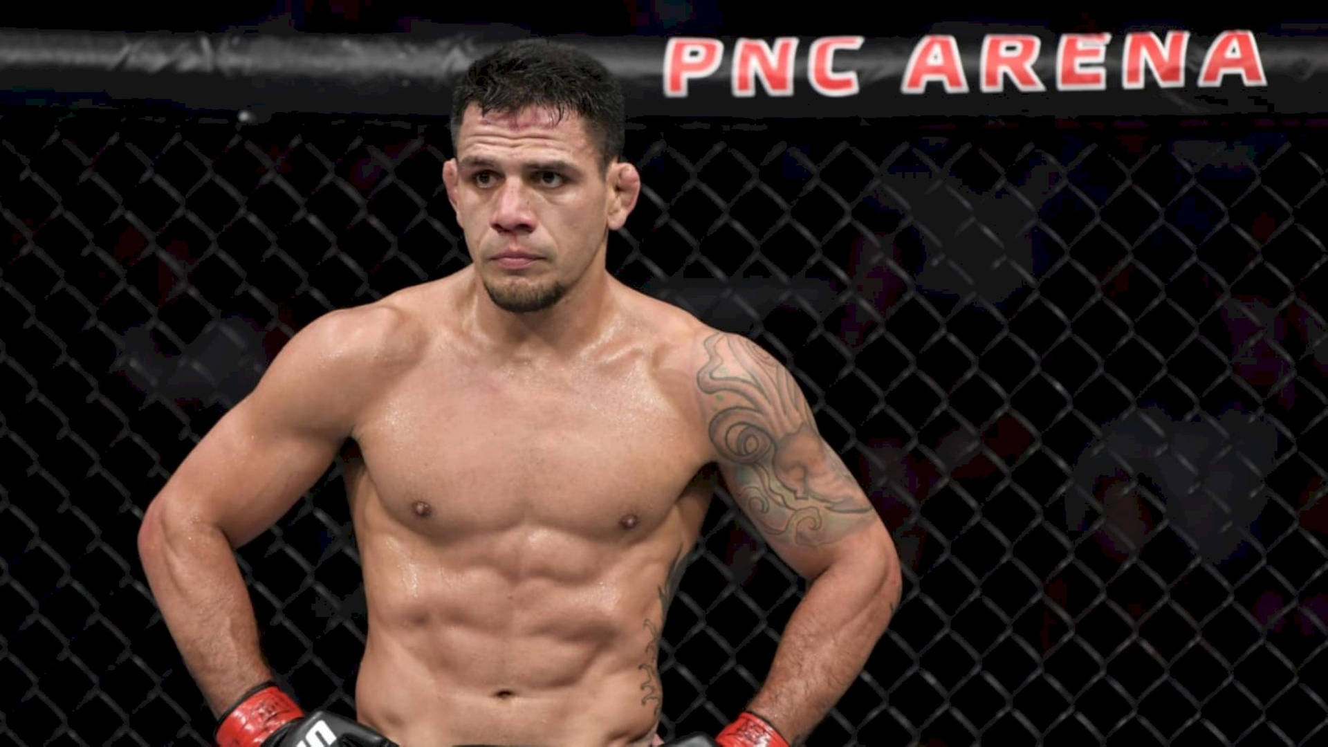 一位專注的 MMA 鬥士在 PNC 體育館的籠子裡，帶有紋身和閃閃發光的汗水。