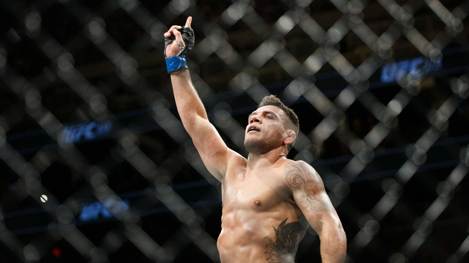 MMA拳手在八角籠內舉起拳頭慶祝勝利。